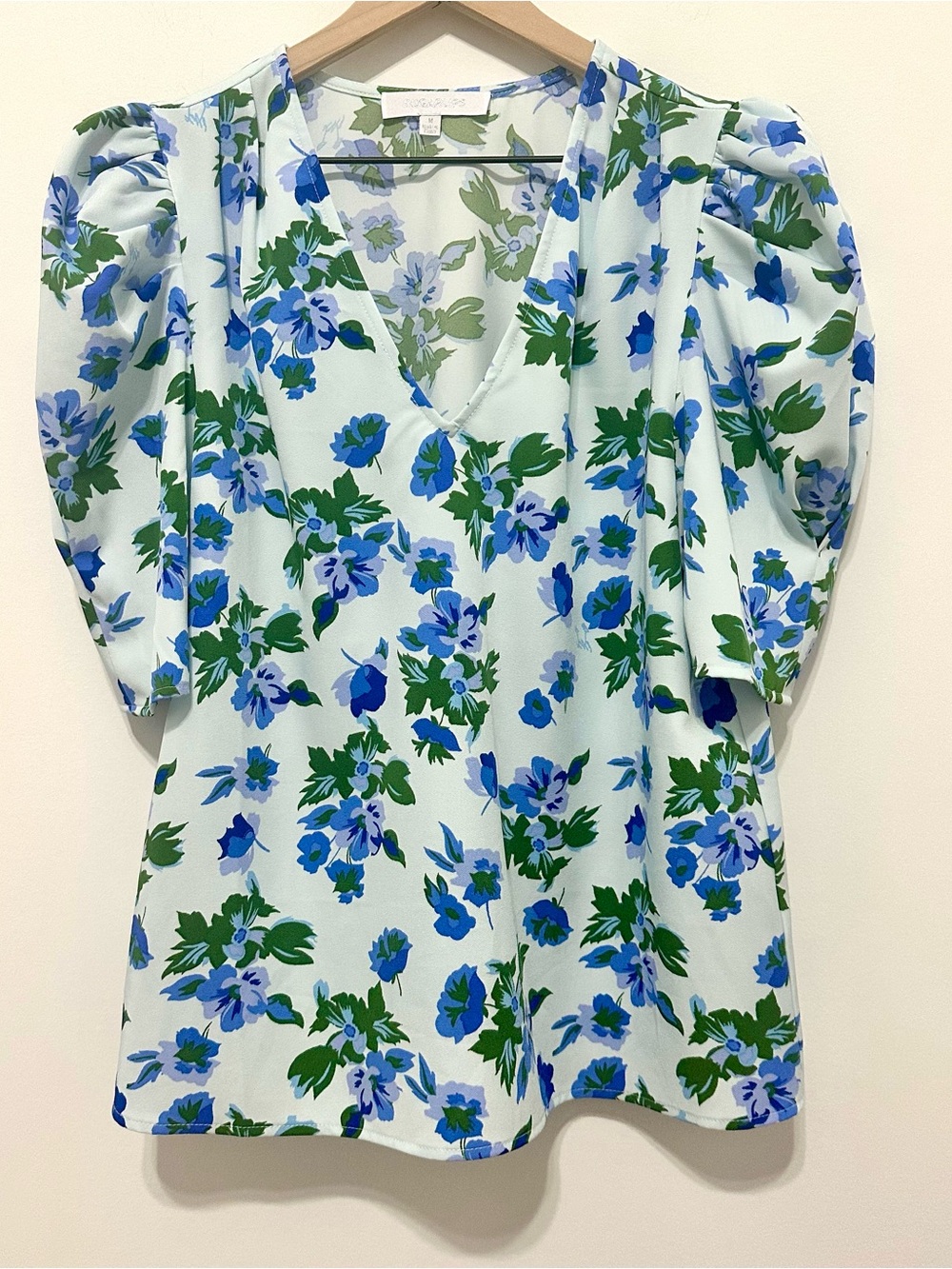 NWOT | Sugarlips | Floral V-Neck Puff Sleeve Top - Blue & Green